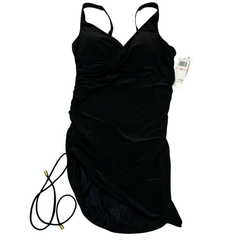 Beyond Control Swimsuit Womens 10 Black Skirted Crossover Ruched‎ Sides Slimming